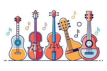 Naklejka premium Whimsical Orchestra of Instruments An Artistic Display of Musical Harmony and Creative Expression in Unique and Striking Color Palette