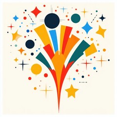 Colorful abstract geometric shapes and starbursts arranged in a dynamic, celebratory pattern evoking excitement and energy on a light background