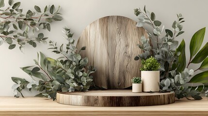 Elegant 3D display stage with round wooden podium, minimal greenery leaves arranged on sides, soft light gray background, natural and realistic look, ultra-high definition, commercial product showcase