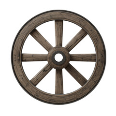 Obraz premium Isolated weathered wooden cartwheel with prominent spokes on transparent presentation