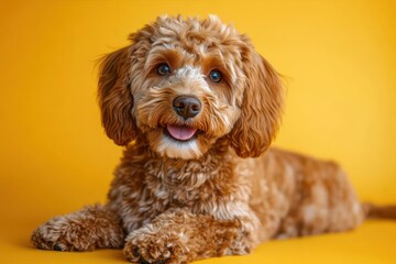 happy curly brown dog lying down with tongue out on yellow background