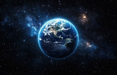 Obraz premium A vivid view of Earth from space showing the continents, clouds, and surrounding stars in the vast dark universe