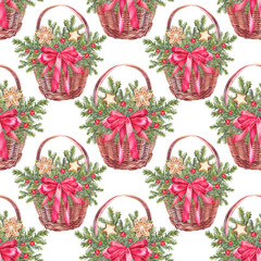 Watercolor seamless pattern with Christmas tree branch with ging