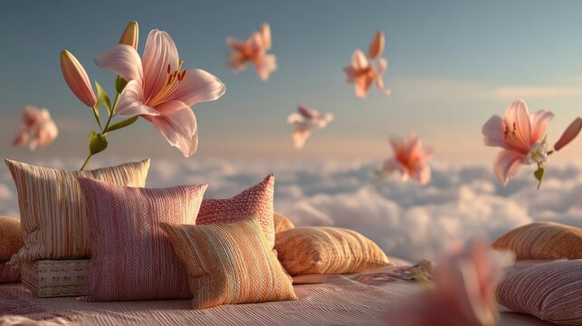 Lily breeze with cushion carpet concept. Soft pink flowers and pillows float above serene clouds.