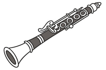 Sleek Black and White Clarinet Illustration Capturing the Elegance and Musicality of this Classic Woodwind Instrument with Intricate Key Details
