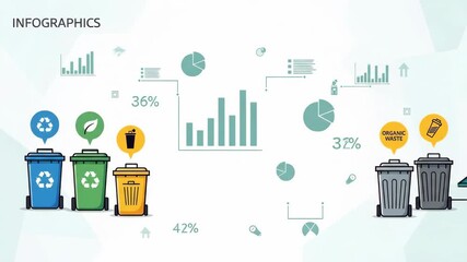 Infographic illustrating waste management, recycling, and sorting of different types of trash into bins. - Powered by Adobe
