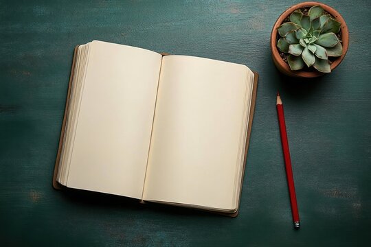 Open blank notebook lying on a textured dark green surface next to a red pencil and a small potted succulent plant, evoking calm and creative potential