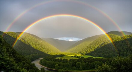 Obraz premium Double Rainbow Over Lush Green Mountains and River Scene in Natural Light