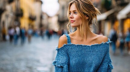Fototapeta premium Torn sleeve with frayed fabric concept. A young woman enjoying a street moment in a vibrant city.