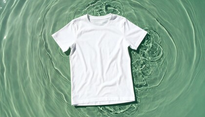 Clean white t-shirt mockup on a serene green water surface with natural ripples and shadows