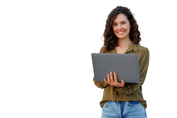 Young businesswoman holding a laptop and smiling on a transparent background, perfect for easy integration into any design project