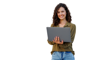 Young businesswoman holding a laptop and smiling on a transparent background, perfect for easy integration into any design project