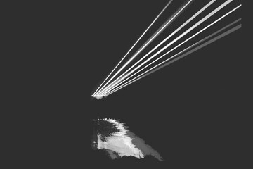 Abstract light beams emanating from a bright source reflecting on a dark surface creating a futuristic atmosphere