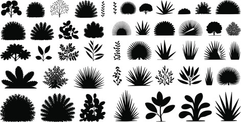 Bushes, shrubs, plants, tree silhouettes, gardening, landscaping, foliage, vector collection for outdoor design, nature, park, garden decoration elements