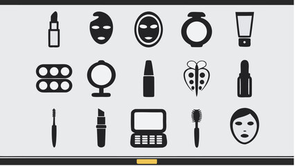 Illustration showcasing an assortment of beauty and cosmetic products in black and white style |  editable eps vectors silhouette