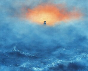 Fototapeta premium A silhouette of a Buddha statue emerging from mist and blue ocean waves with a warm orange glowing sky background evoking serenity and mysticism