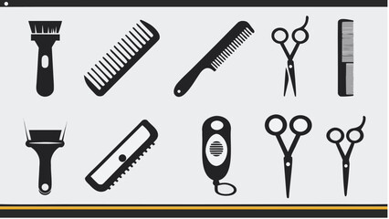 Illustration of various hairstyling tools including combs brushes and scissors in black and white design |  editable eps vectors silhouette