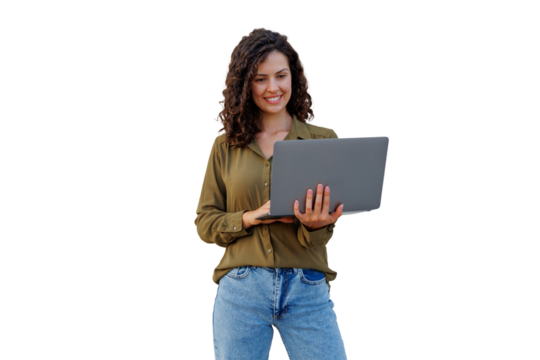 Young woman with curly hair and casual clothes smiling while using laptop, isolated on transparent background - Powered by Adobe