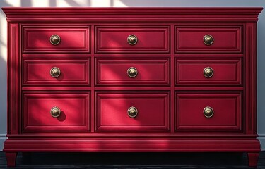 Fototapeta premium Elegant red wooden dresser with nine drawers and brass knobs illuminated by soft natural light and shadows