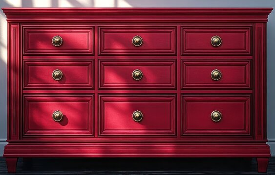 Elegant red wooden dresser with nine drawers and brass knobs illuminated by soft natural light and shadows