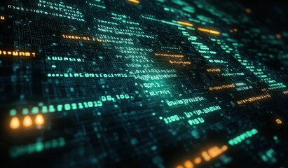 Glowing digital data and code streams on a dark futuristic interface symbolizing technology and information flow