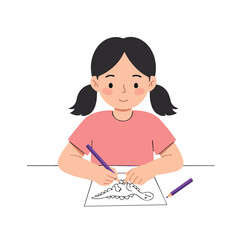 a girl is coloring a picture of a dinosaur