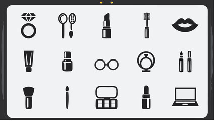 Collection of various beauty and cosmetic items including makeup brushes lipstick and jewelry displayed |  editable eps vectors silhouette