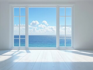 Fototapeta premium Bright and serene ocean view through large white-framed window casting soft shadows on light wooden floor in an empty room