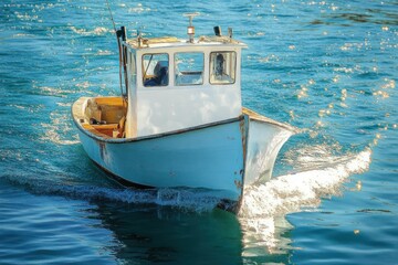 Small white fishing boat moving through calm blue water under bright sunlight creating sparkling reflections