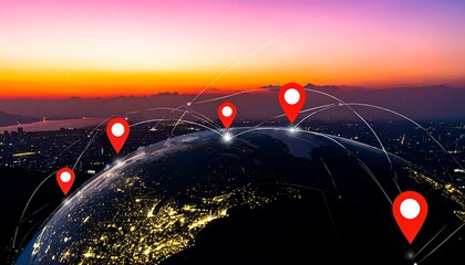 Global Network Connections Over City Lights at Sunset with Location Markers