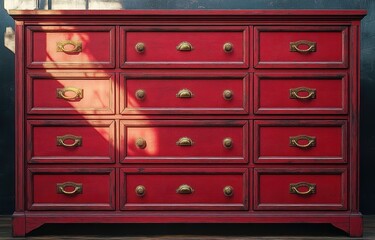 Fototapeta premium Vintage red wooden dresser with multiple drawers featuring antique brass handles standing against a dark blue wall with warm natural sunlight casting shadows