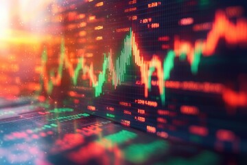 Fototapeta premium Colorful digital financial chart with fluctuating green and red candlestick and line graphs representing market data in a dynamic and vibrant setting