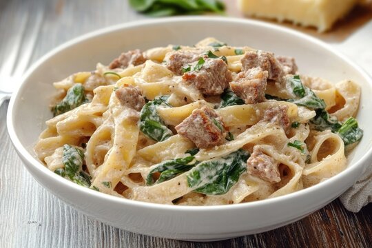Close-up of creamy pasta with chunks of cooked meat and fresh green spinach served in a white bowl on wooden table