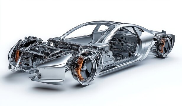 Cutaway view of a sleek sports car chassis and frame showcasing exposed mechanical components and advanced engineering in a high-tech design