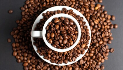 Naklejka premium Freshly roasted aromatic coffee beans filling a white cup and saucer on a dark background