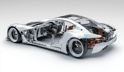 Modern car chassis with exposed internal frame, wheels, and mechanical components showing detailed structure in a clean studio setting