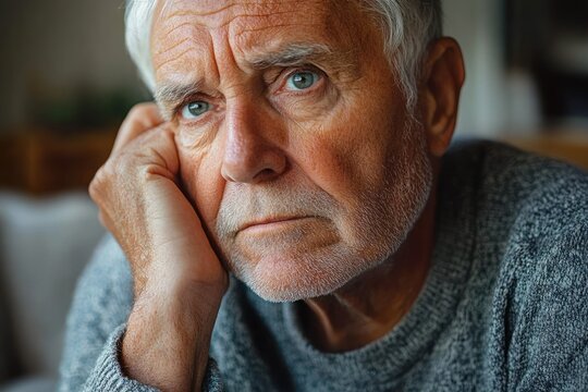 Close-up portrait of a thoughtful elderly man with grey hair and beard resting his head on his hand, showing signs of contemplation and melancholy