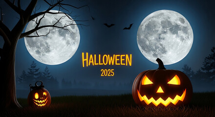 Halloween night scene with pumpkins, full moons, bats, and the text halloween 2025 displayed