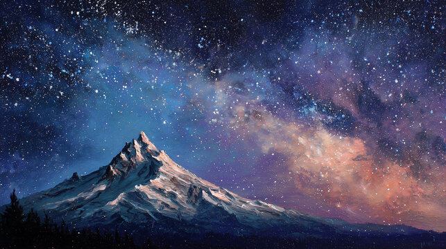 Starry night sky over a snowy mountain peak - Powered by Adobe