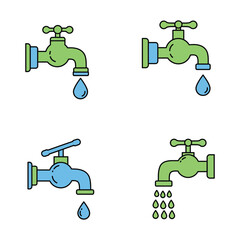 Collection of Four Cartoon Faucet Illustrations with Water Drops in Various Styles