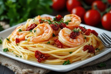 Fototapeta premium Close-up of a plate of spaghetti pasta topped with cooked shrimp, sun-dried tomatoes, and fresh parsley on a white square plate