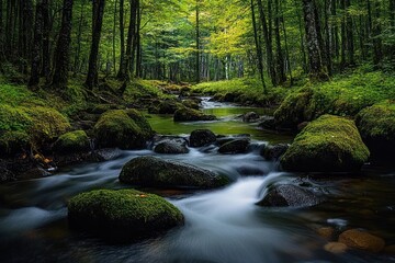 Obraz premium Serene forest stream flowing gently over moss-covered rocks surrounded by dense green trees and lush vegetation under soft natural light