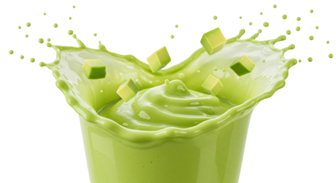 Vibrant Green Avocado Smoothie Splash with Cubes against a Transparent Background