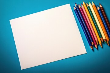 Blank white sheet of paper on blue surface with an array of sharpened colored pencils neatly arranged on the right side
