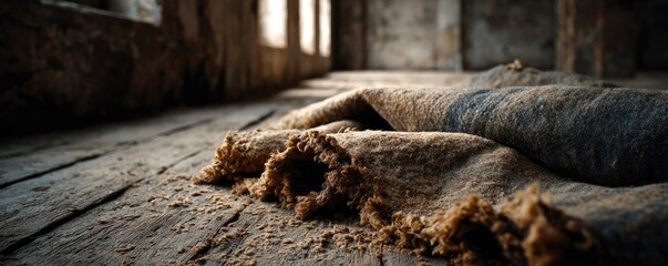 Fototapeta premium Ripped section on felt carpet concept. An aged fabric lies on a weathered wooden floor in abandoned space.
