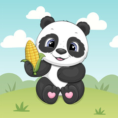 Cute cartoon Panda with a Corn in Nature. Autumn vector illustration of animal on green background.