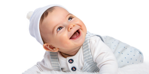 Joyful baby wearing a white hat and cute outfit, laughing with bright blue eyes, capturing pure happiness and innocence