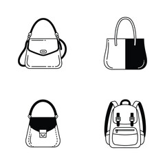 Collection of four different types of bags in black and white outline style
