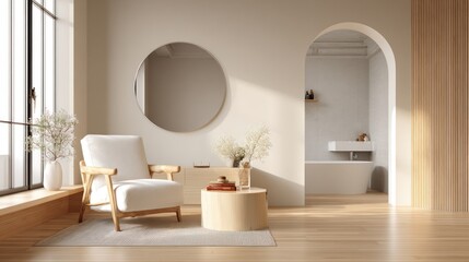 Modern minimalist living area with bathroom archway