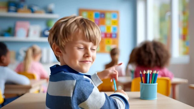 Child seated at desk focusing on lessons with colorful alphabet chart in bright classroom setting. Engaging environment promotes learning